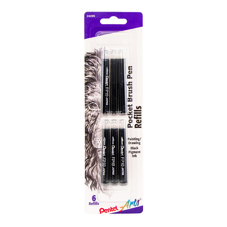 Pentel Arts Pocket Brush Black Refills 6 Pack